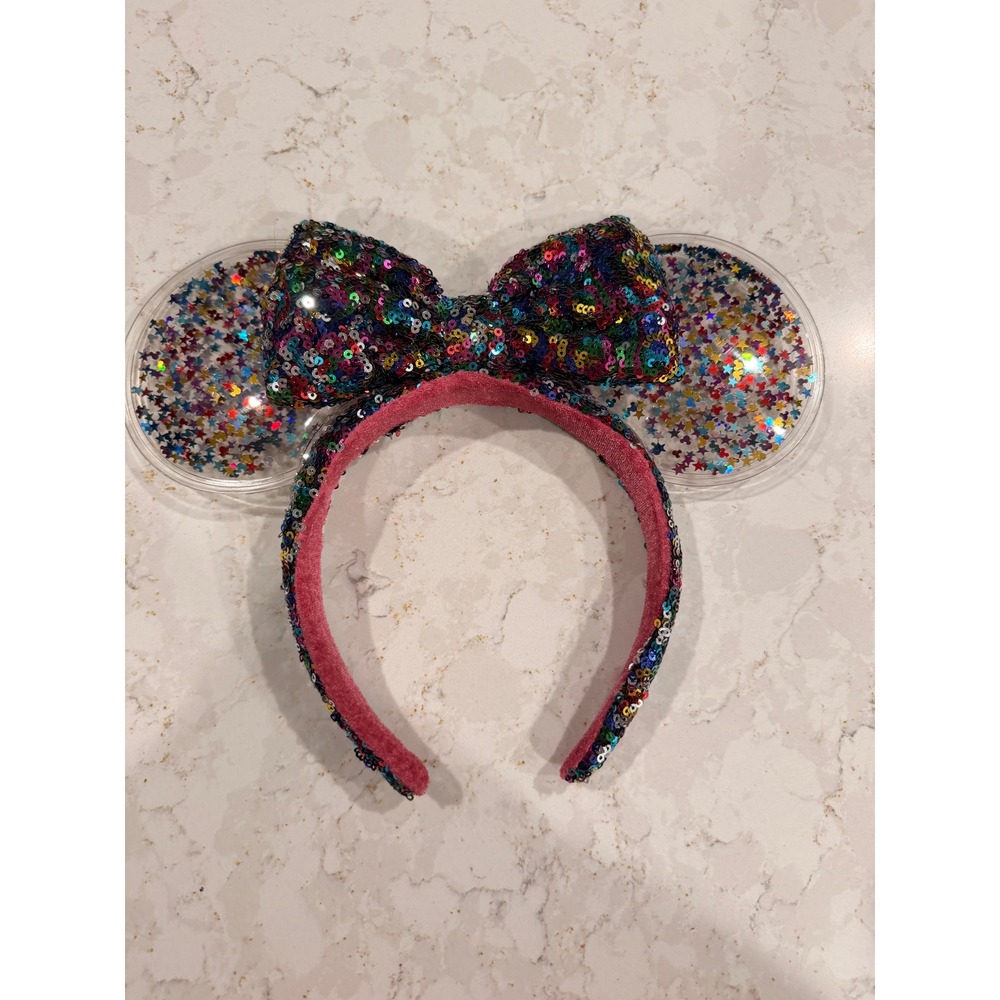 Disney Parks Minnie Mouse Rainbow Confetti Star Sequin Ears Headband Multi Color